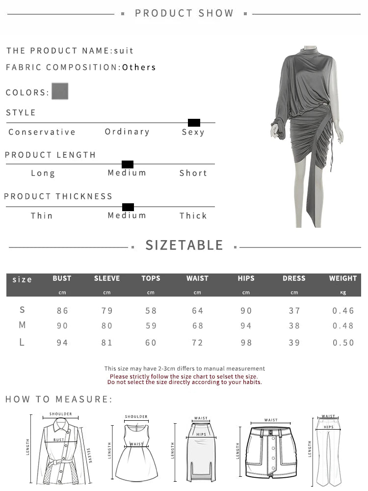 Weird Puss Sexy Irregular 2-Piece Set Women One shoulder Top+Shirring Ruched Peach Hip Skirt Matching Streetwear Elegant Outfits