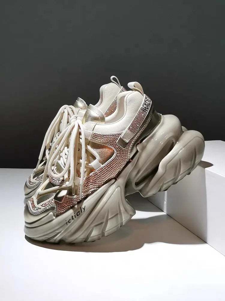 Women High Heels Platform Shoes Spring Crystal Fashion Luxury Designer Brand Chunky Sneakers Unique Design Real Leather Trendy
