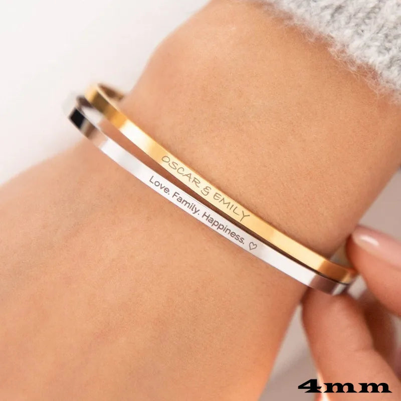 18k Custom Engraved Bracelet Numeral Name Message Bangle Titanium Steel Gold Silver Adjustable Women's Cuff Mother's Day Gift