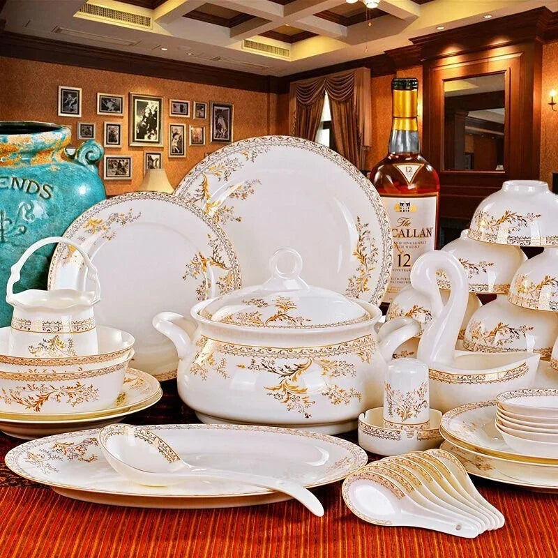 Porcelain Dinner Set Bone China Tableware Ceramic Dish Ensemble Dinnerware Collection Elegant Diner Service Kit - Kimlud