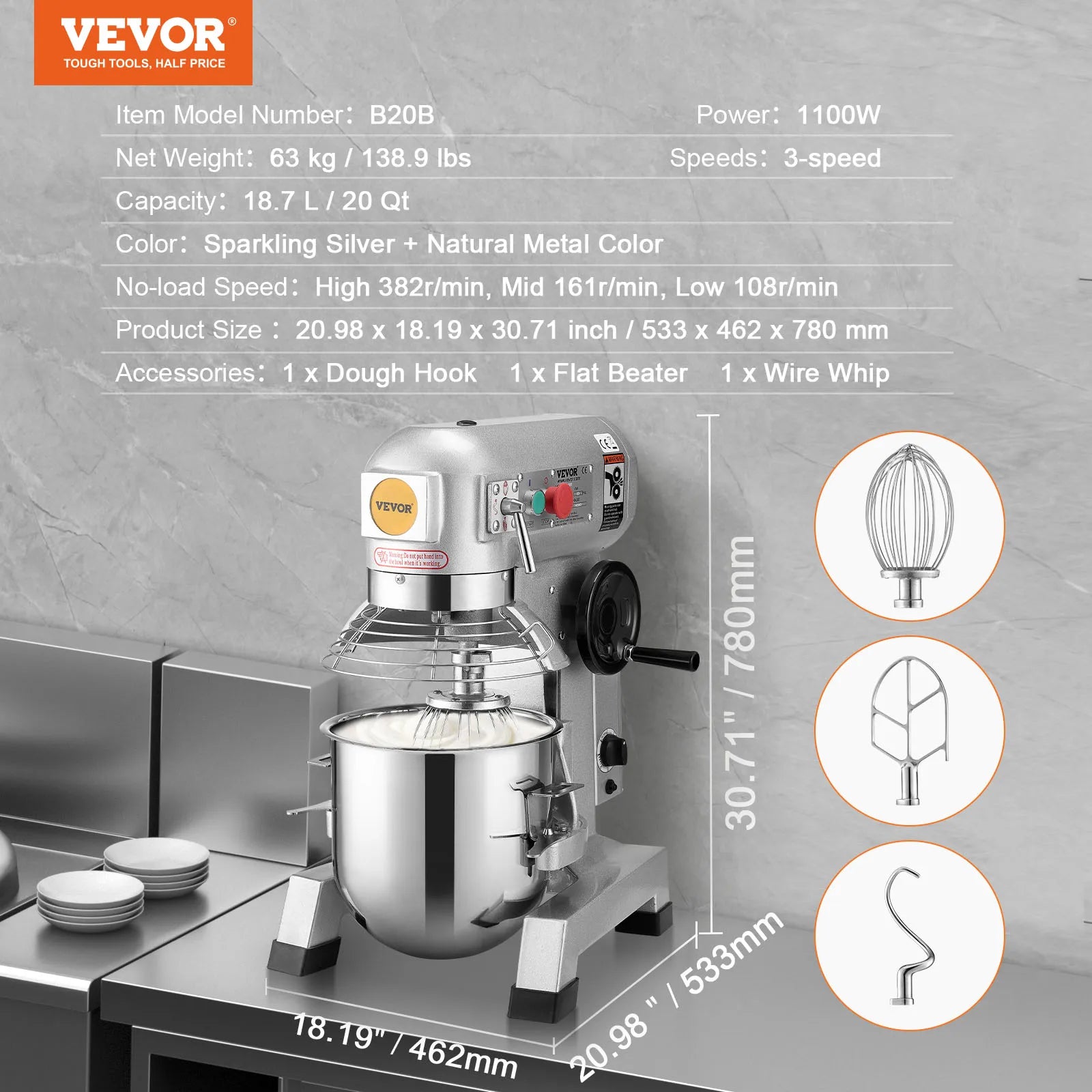 SucceBuy Commercial Food Mixer Commercial Stand Mixer with 3 Speeds Dough Mixer with Stainless Steel Bowl and 3 Attachments - Kimlud