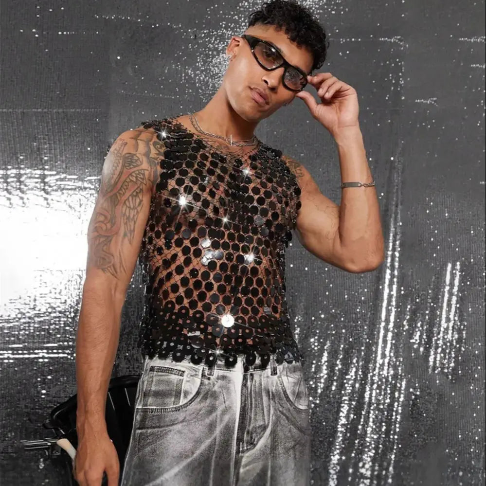 Sparkling Diamond Cut-Out See-Through Vest For Men - New Summer Style Sexy Nightclub Party Fishnet Beaded Outerwear Top - Kimlud