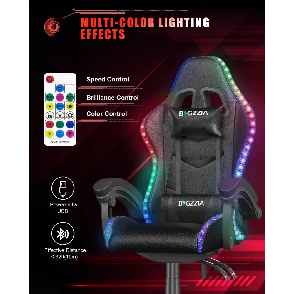 Gaming Chair with RGB LED Lights, High Back Ergonomic Computer Gamer Chair with Headrest and Lumbar Support, Racing Styl