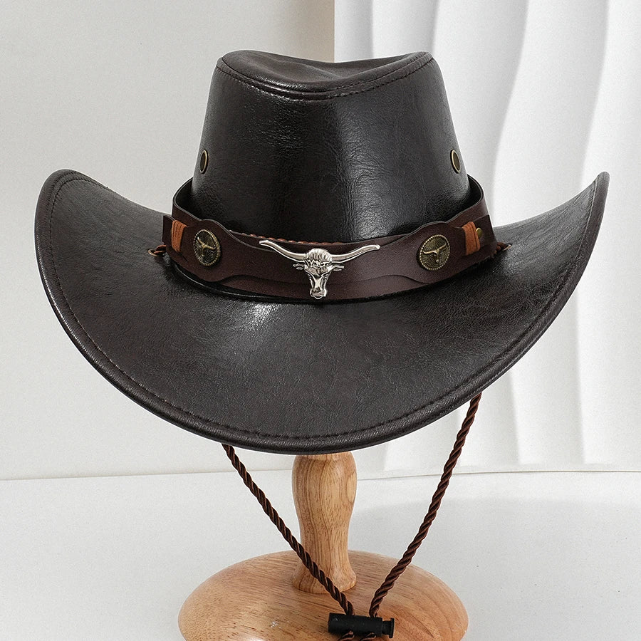 Unisex Vintage Faux Leather Western Cowboy Hat Outdoor Gentleman Cowgirl Jazz Cap Sombrero Hombre