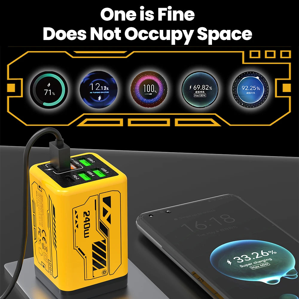 240W 6 Ports 4USB+2Type C Super Fast Charging Mobile Phone Charger USB3.0 PD3.0 EU/UK/US Charger For Iphone 17 16 Samsung POCO