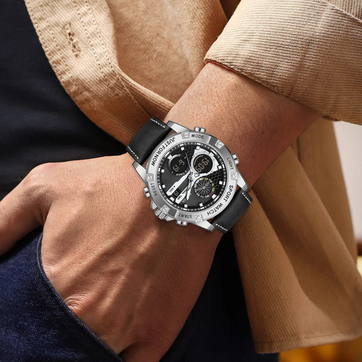 FOXBOX Fashion Men's Luxury Watch Leather Strap Quartz Watches Business Dual Display Waterproof Date Chronograph Man Watch+Box - Kimlud
