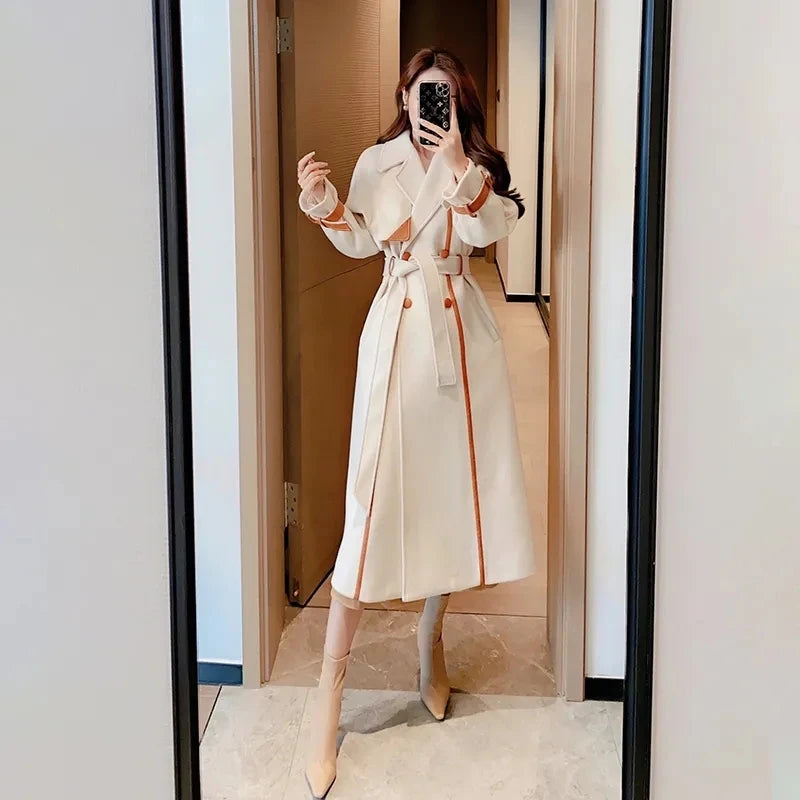 With belt Woolen Coat For women 2024 New Autumn Winter Fashion Slim Temperament Lapel Color blocked Thicken Wool Overcoat Female
