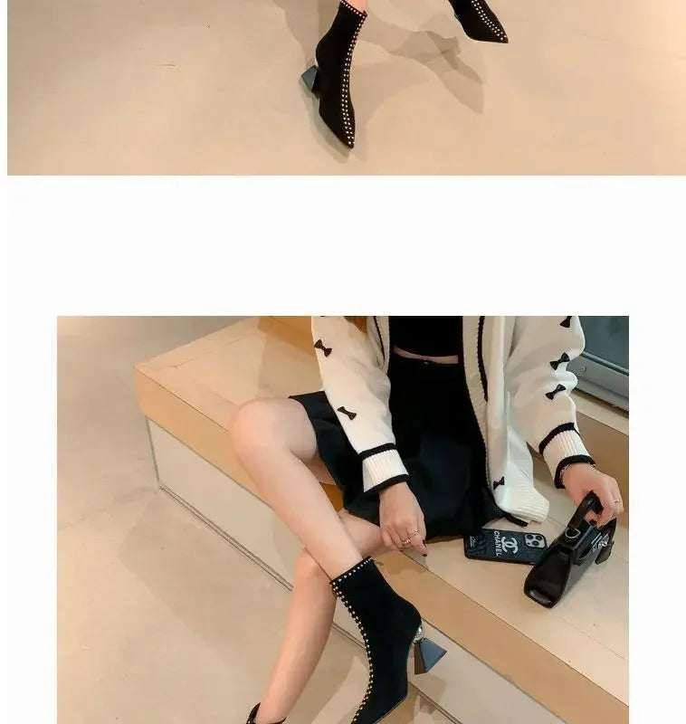 2024 Shallow Spring Autumn Women Ankle Boots Punk Pointed Toes Unqie Heels Designer High Heels Ladies Short Boots Back Zip
