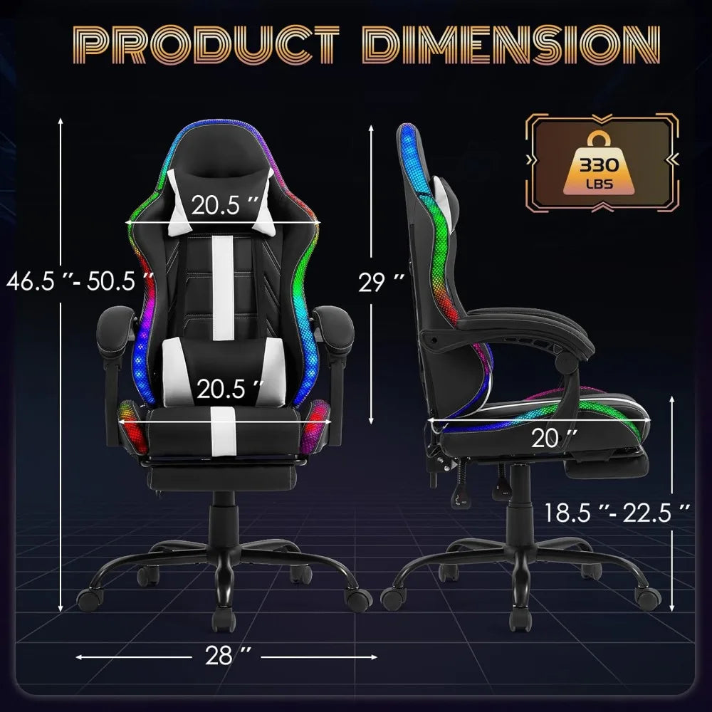 Massage Gaming Chair, Video Game Chair with LED Lights, Ergonomic Computer Chair with Footrest and Lumbar Support, Heig