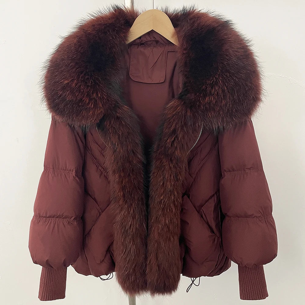 OFTBUY Large Real Raccoon Fur Jacket Knit Sleeve Real Fur New Winter Puffer Jacket Women White Duck Down Coat Oversized Feather