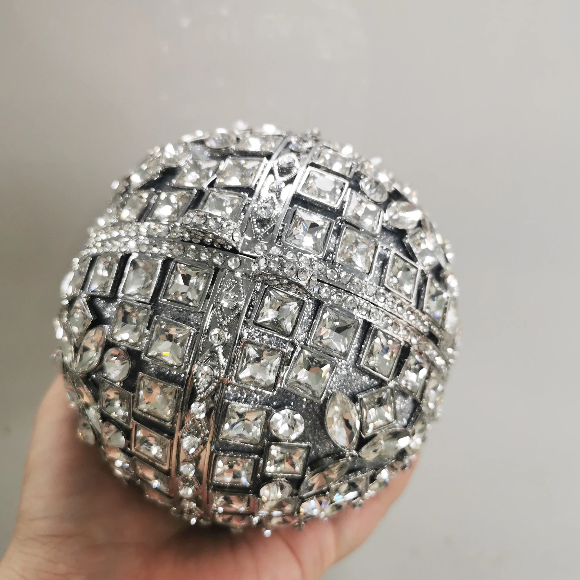 Woman Silver Crystal Stone Ball Shape Evening Bag Banquet Birthday Party Gift Lady Handbag Wedding Bridal Diamond Hollow Purse - Kimlud