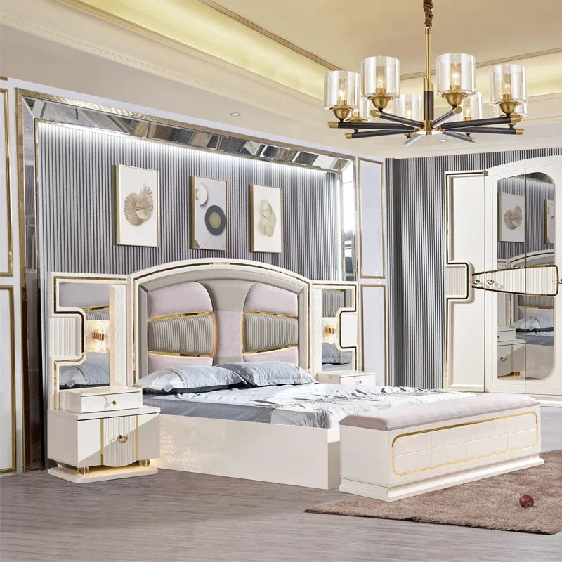 A Modern White Luxury King Size Leather Bedroom Bed Double Home Master Room Queen Wooden Full Mdf Bedroom Sets Furniture - Kimlud