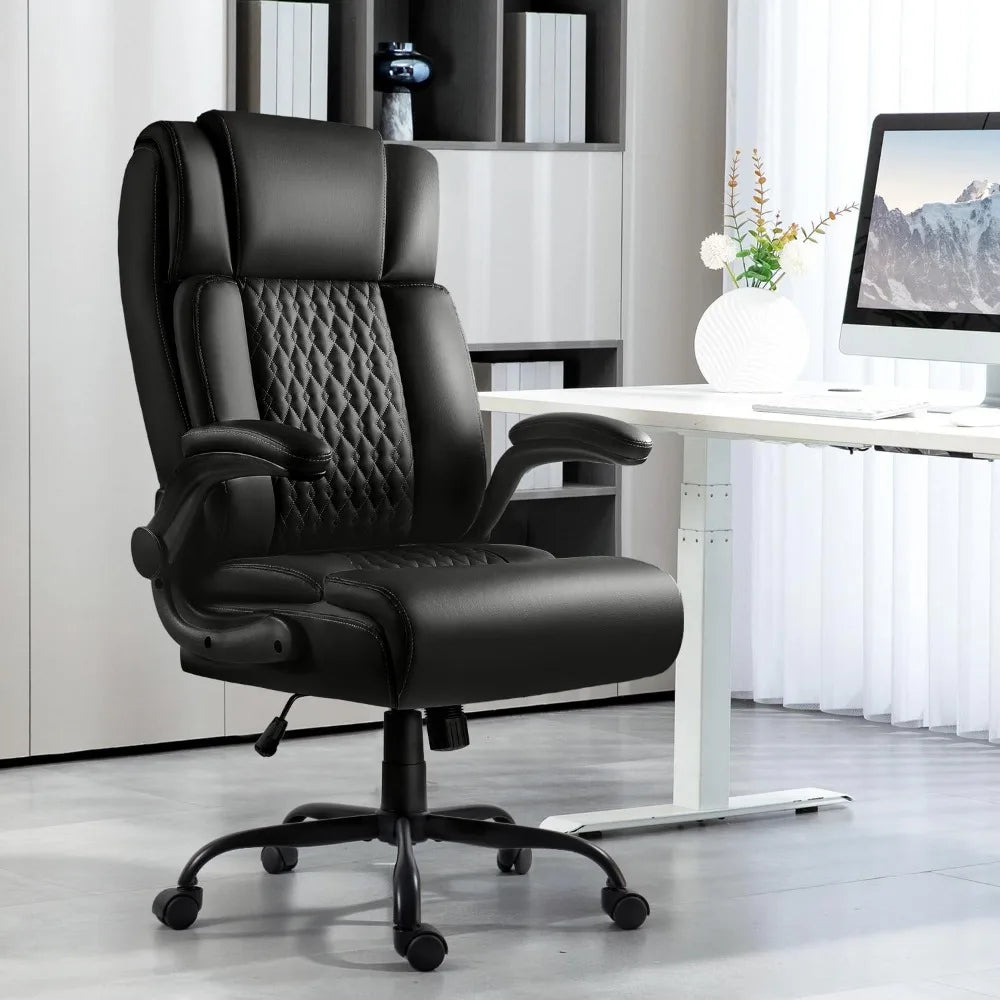 High Back Executive Office Chair for Adult, Big and Tall Leather Home Desk Chairs with Padded Flip-up Arms, Swivel Rolli