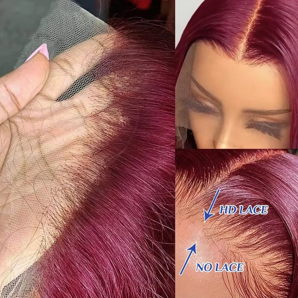 Classic 99J Colored Straight Hair Bob Wig 13x4 HD Transparent Lace 200 Density Preplucked Hairline Baby Hair 8-14 Inch Durable Hair For Ladies Dating Daily Wear