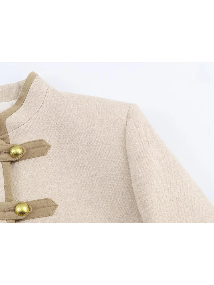 TFMLN Vintage Button Jacket For Women Stand Collar Autumn New Slim Casual Shoulder Pad Outerwear Ladies Short Coat 2025