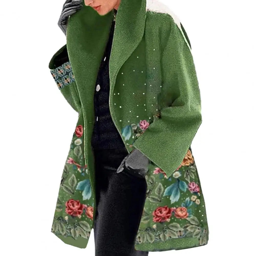 Spring Jacket Elegant Flower Print Women's Fall Winter Overcoat with Turn-down Collar Plus Size Mid Length Loose Thick Warm Long