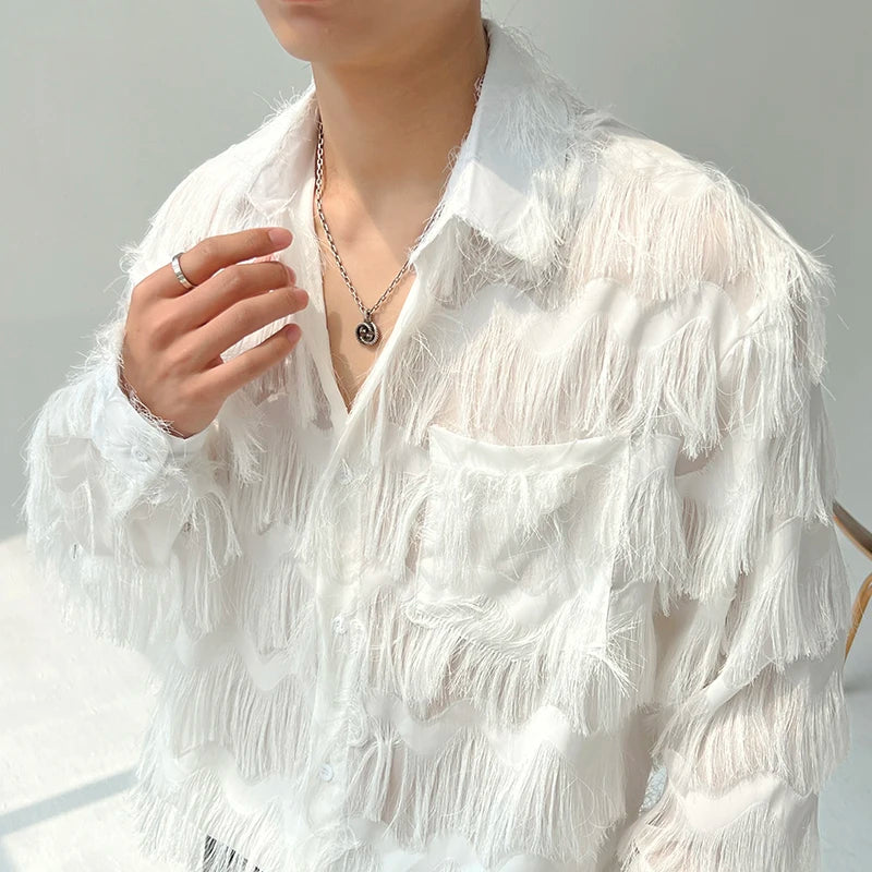 2025 Summer Men Black White Streetwear Hip Hop Shirt Men Tassels Party Night Club Men Shirts Male Long Sleeves Hollow Out Blouse - Kimlud