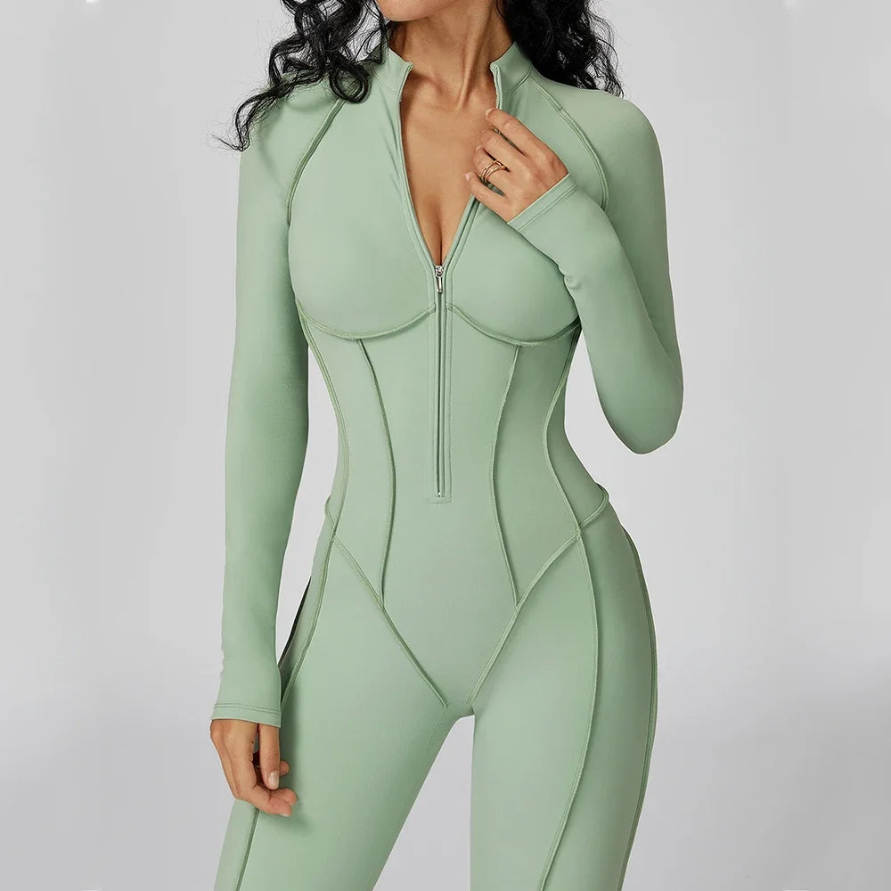 Women Yoga Bodysuit Long Sleeved Tracksuits Gym Zipper Jumpsuits Sports One Piece Workout Bodycon Jumpsuits Tights Suit - Kimlud