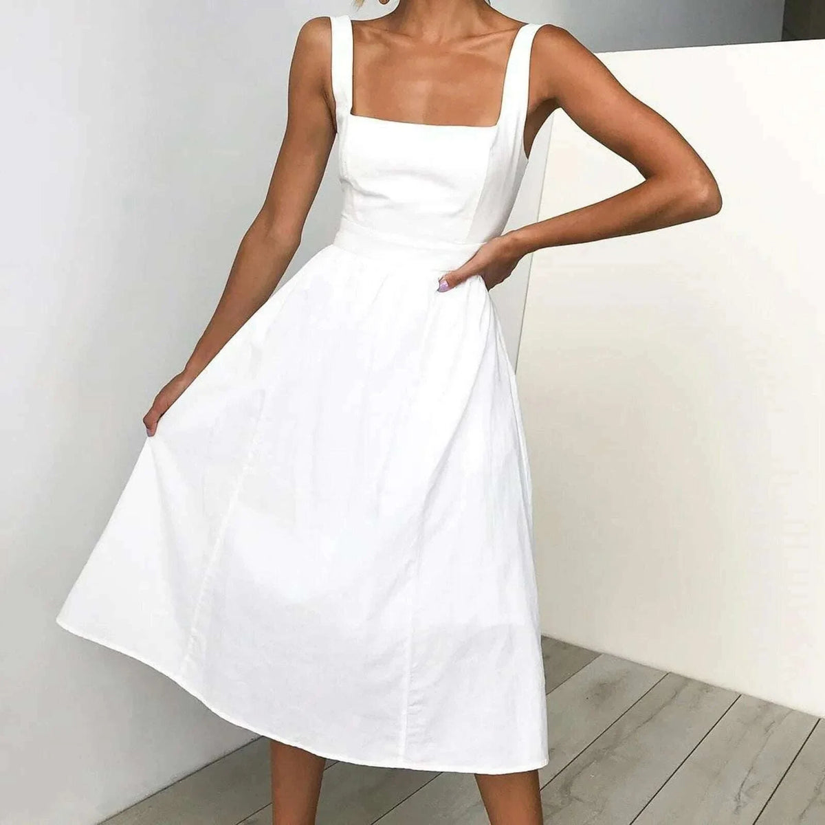 Sexy Square Neck Solid Color Midi Dress Spaghetti Straps Sleeveless Summer Loose Dress Elegant Party Dresses For Women платье