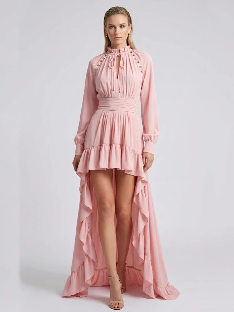 Sexy O Neck Lace Up Buttons Ruched Long Dress Women Pink Long Sleeves Ruffles Slim Dresses Celebrity Evening Party Runway Gowns