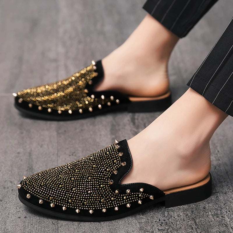 New Gold Hip-hop Rock Punk Rivet Rhinestones Shoes For Men Half Slippers Summer Fashion Casual Mules Moccasins Loafers - Kimlud