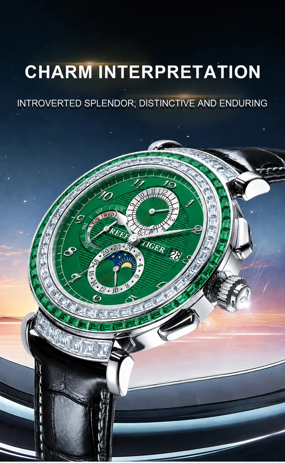 Reef Tiger Luxury Men's Automatic Mechanical Watch Green Dial Moon Phase Date Genuine Leather Strap Waterproof Dress...