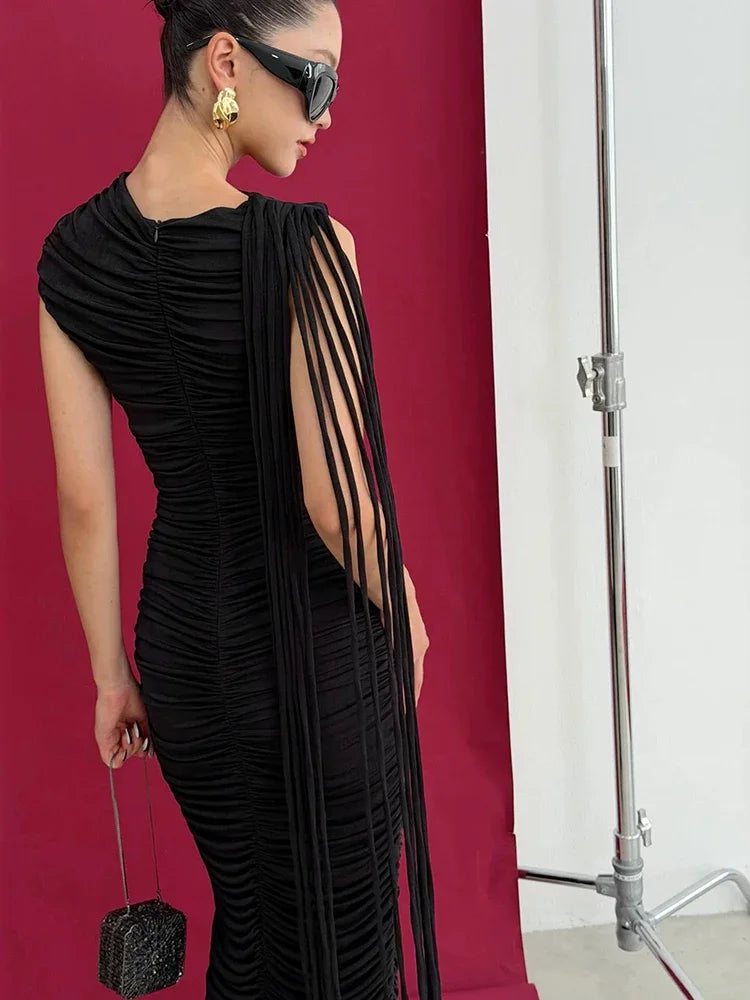 Sexy O Neck Tassel Patchwork Folds Long Dress Women Black Sleeveless Ruched Bodycon Slim Dresses Celebrity Evening Party...