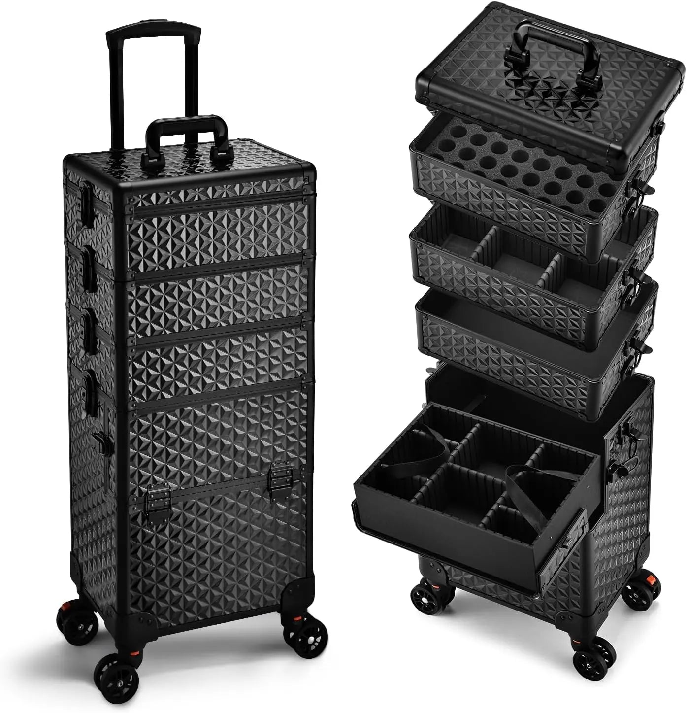 Professional Makeup Train Case on Wheels, Extra Large Cosmetic Case Rolling Makeup Case Trolley Makeup Organizer with Wheels