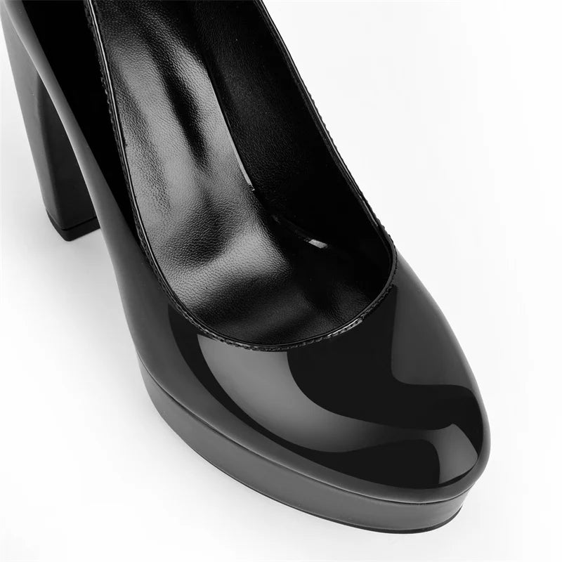 Onlymaker Women Round Toe Platform Patent Leather Chunky Heel Pumps High Heeled Office Dress Classic Pumps Heels