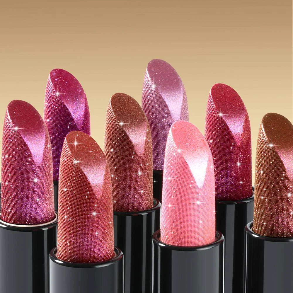 1 PC Glitter Lipstick, a pressable pearlescent lipstick, is very shiny like crushed diamond particles, smooth and long-lasting,