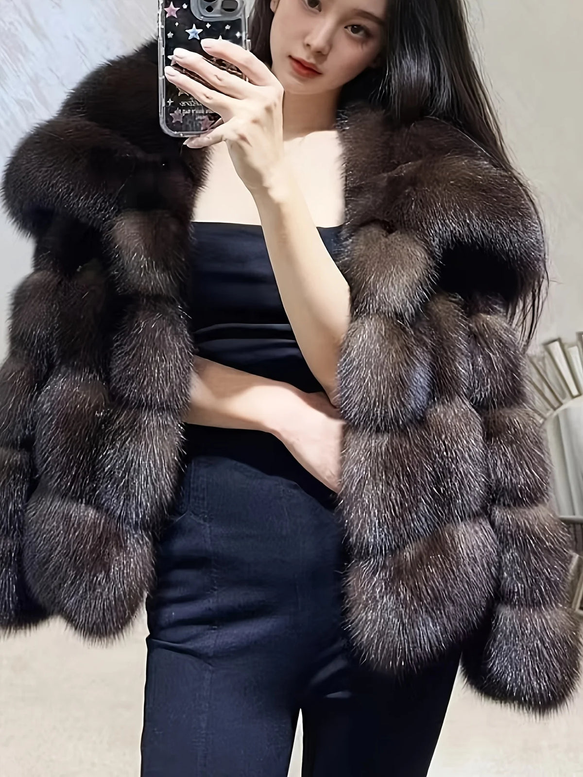 Imitation Fur Russian Sable Pit Strip Large Lapel Long Sleeve Autumn-Winter Fashionable Warm Cropped Women's Street Coat