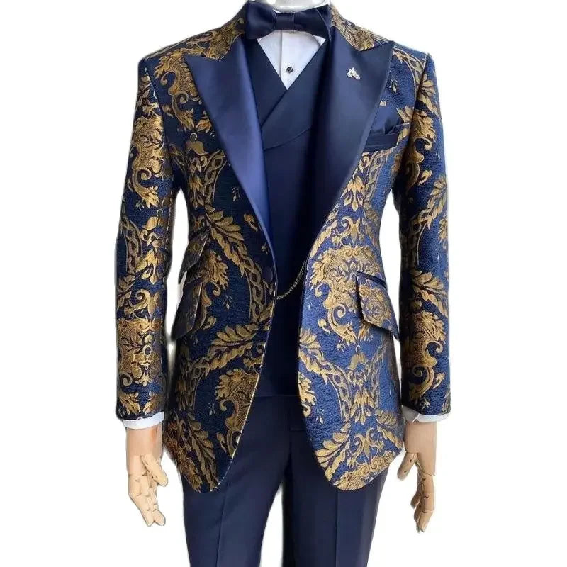 Jacquard Floral Tuxedo Suits for Men Wedding Slim Fit Navy Blue and Gold Gentleman Male Costume Suit Set | Kimlud Luxury Rug