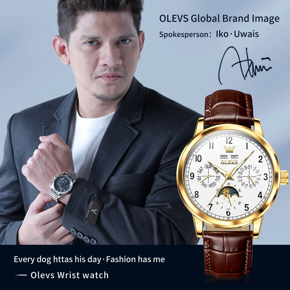 OLEVS 6698 Mens Watch Luxury Dress Brand Moon Phase Automatic Mechanical Watch For Men Leather Waterproof Dual Calendar...