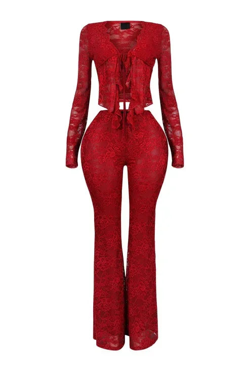 2026 Women's Set Long Sleeve Lace See Through Shirt + Long Pants Street Evening Sexy Two 2Piece Sets Outfits Tracksuit |...