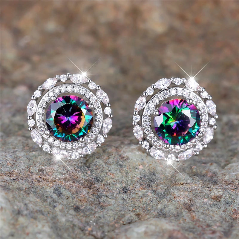 Female Crystal Rainbow Zircon Stone Round Stud Earrings Vintage Silver Color Wedding Fashion Jewelry For Women | Kimlud...