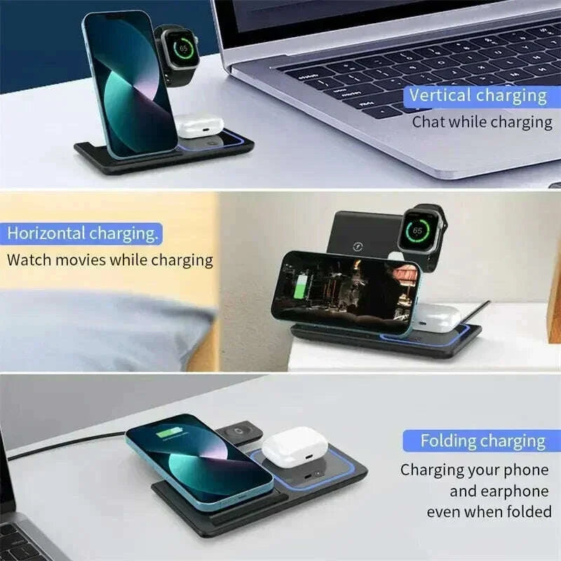 Desktop 3 In 1 Wireless Charger Stand Pad Foldable Phone Fast Charging Station Holder For iPhone 16 15 14 Pro Max iWatch Airpods