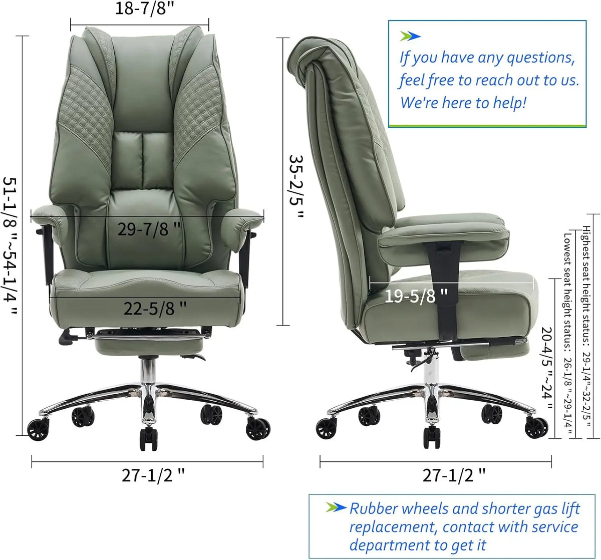 Ergonomic Executive Office Chair with Footrest, 400lbs Capacity, Lumbar Support for Back Pain Relief in Light Green |...