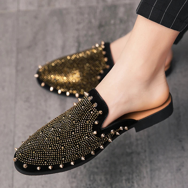 New Gold Hip-hop Rock Punk Rivet Rhinestones Shoes For Men Half Slippers Summer Fashion Casual Mules Moccasins Loafers - Kimlud