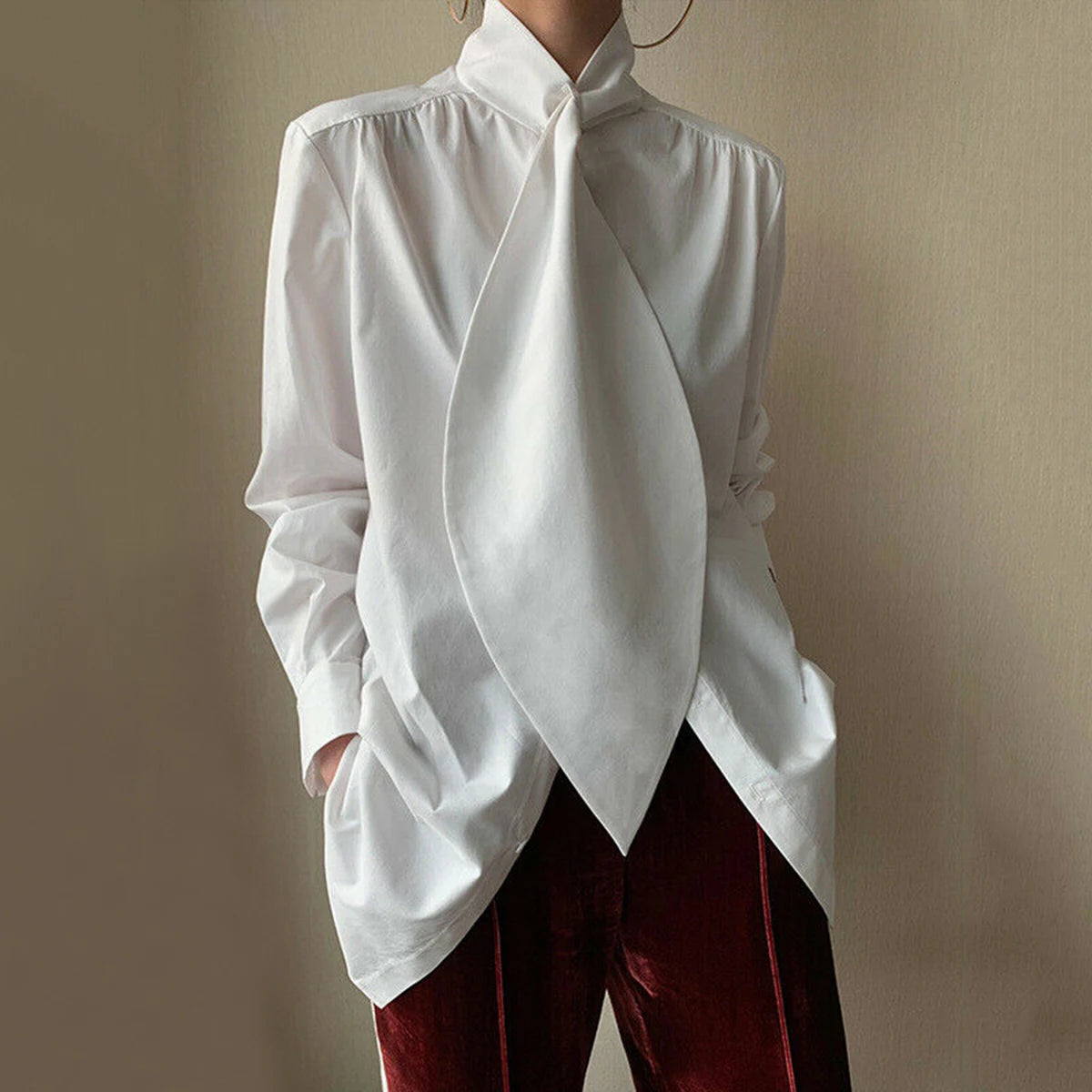 Freeacy Stylish Black White Solid Color Long Sleeves High Neck Blouses Loose Fit Office Shirt Tops For Urban Women 2023 New