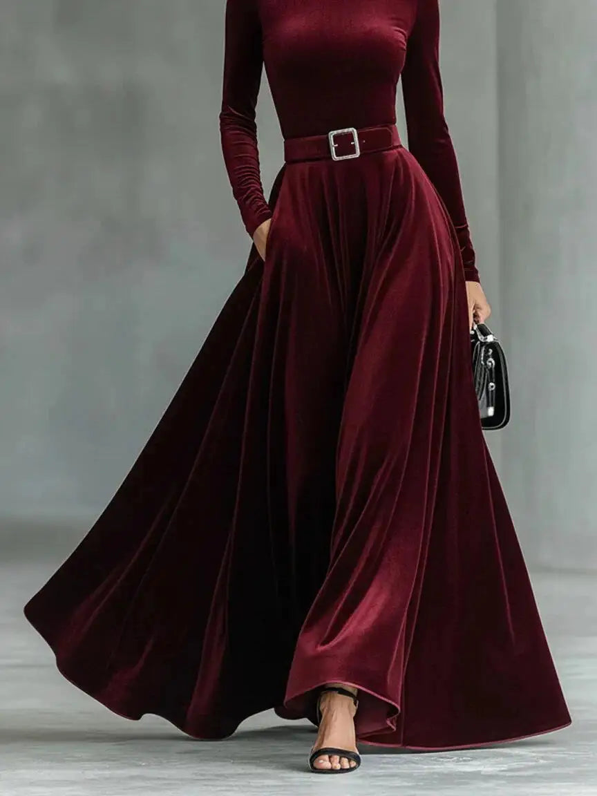 Velvet High Collar Base Dr Evening Gown mid Waist Long Skirt Ci Commute Sle Autumn Season Women's Faion Single Piece |...