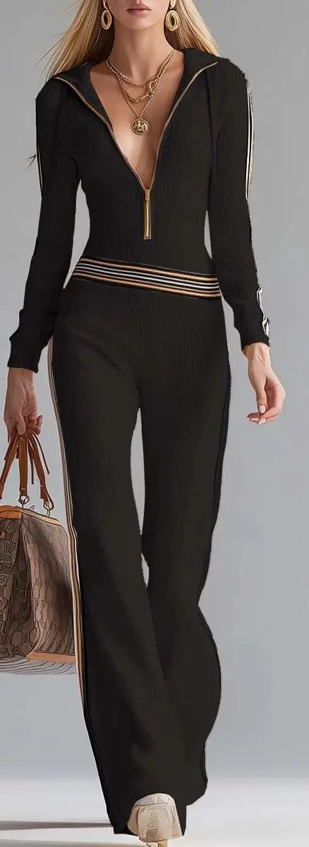 Contrast Color Stitching Pit Strip Knitted Jumpsuit New Women's Spring Autumn Long-sleeved Zippered Long-sleeved Hooded Jumpsuit - Kimlud