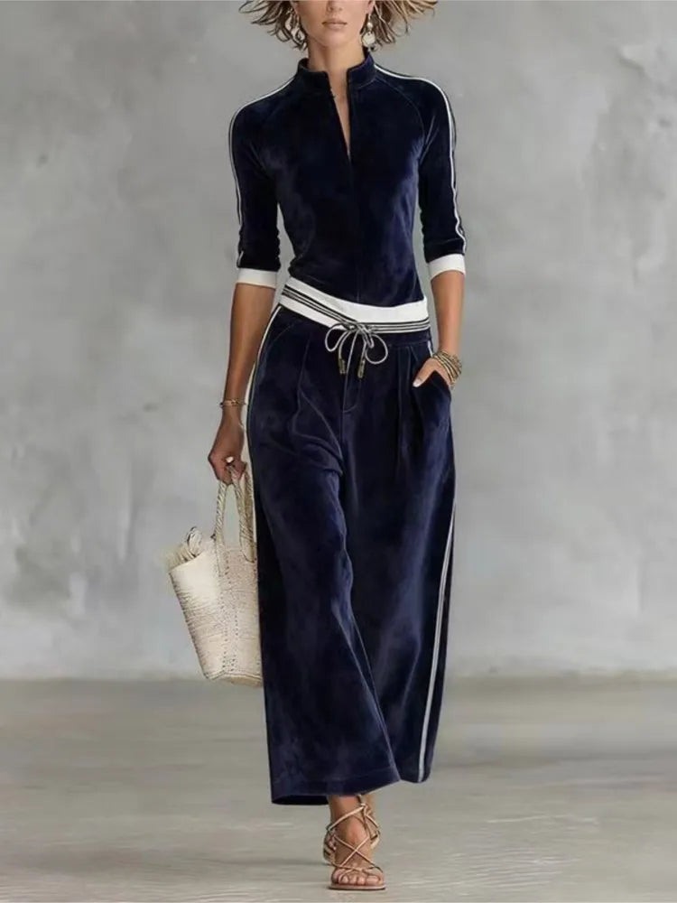 Fashion Korean Velvet Color-blocked Striped 7 Sleeved Stand-up Collar Top Sports Suit Loose Wide-leg Trousers Women's...
