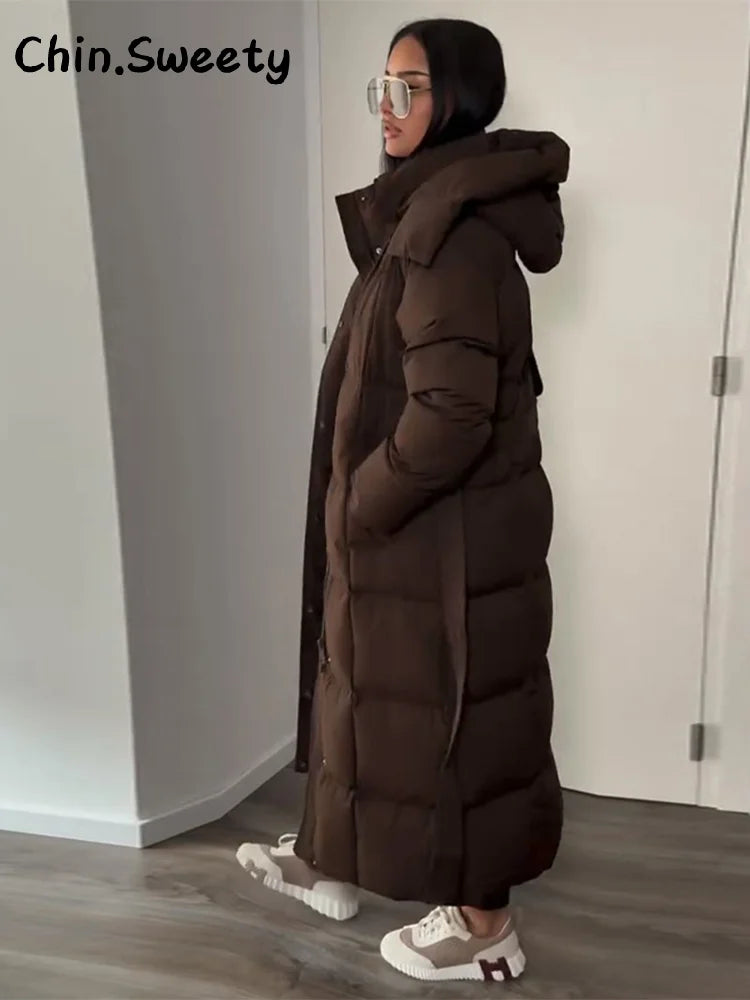 Warm Women's Puffy Quilted Hooded Long Cotton Coat Loose Solid Stand Collar Lace Up Zipper Overcoats 2025 Winter Lady Outwear