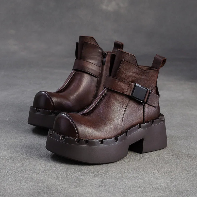 6.5cm Cow Natural Genuine Leather Autumn Flats Comfy Shoes Platform Wedge Elthnic Big Toe Women Ankle Booties Rubber Spring