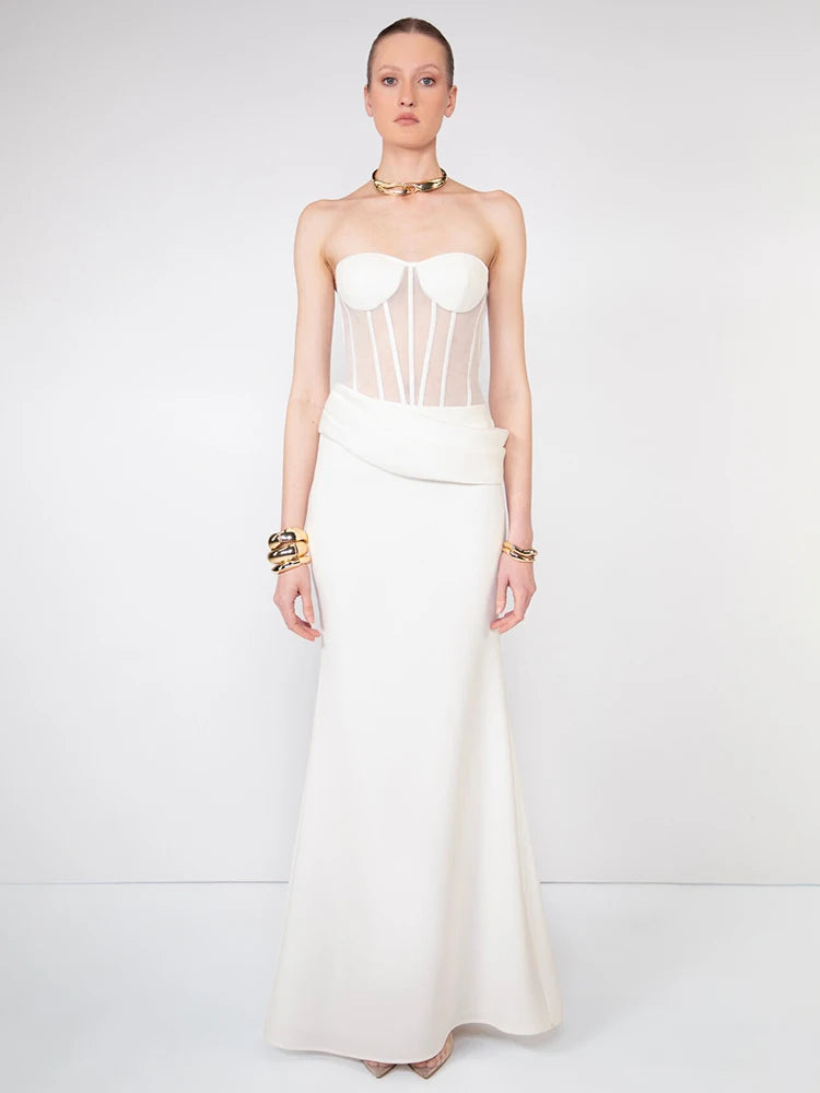 VC Elegant White Corset Simple Wedding Dress – Strapless Sheer Bodice Maxi Dress for Women Modern Minimalist Engagement Dress