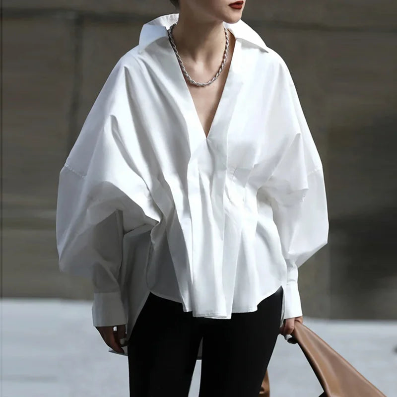 Freeacy 2023 Spring Summer New White Long Sleeves One-size Loose Pleated Blouses Lapel Collar Shirt Tops For Urban Women