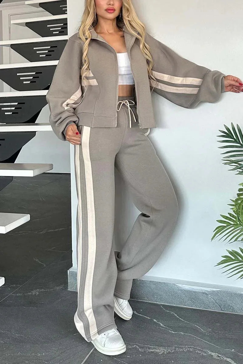Autumn Winter Women's New Hoodie Suit Y2K Striped Zipper Loose Fit Jacket Outwear And High Waist Side-striped Pants Sports Sets - Kimlud
