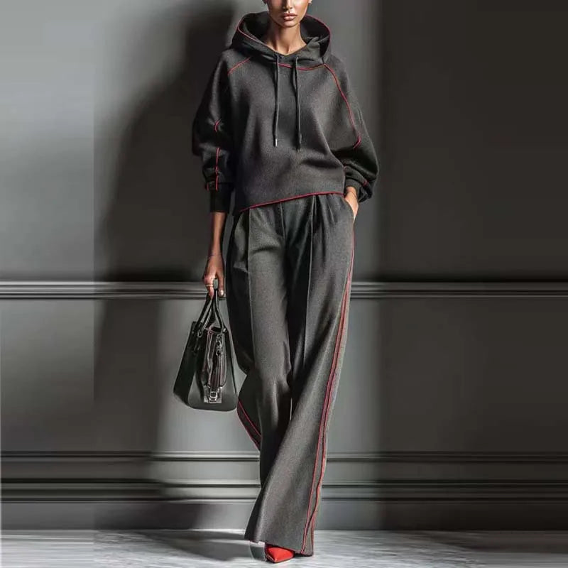 Women's Contrast Stitching Hooded Sweatshirt Wide Leg Pants Sports suit Vintage striped hoodie casual 2pcs Outfit New...