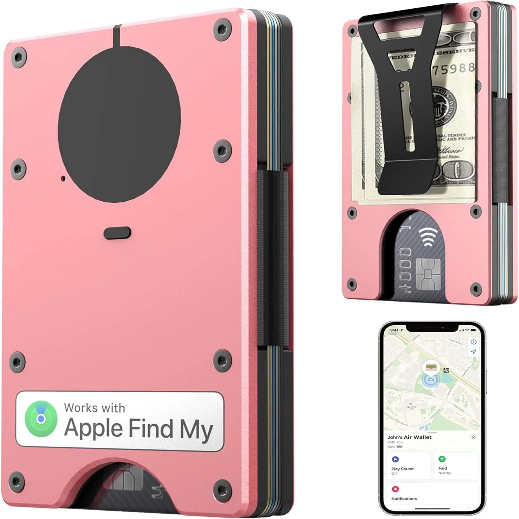 Wallet with Built in Airtag Chip, RFID Blocking Credit Card Holder, Compatible with Find My iOS Only, Detachable Money Clip