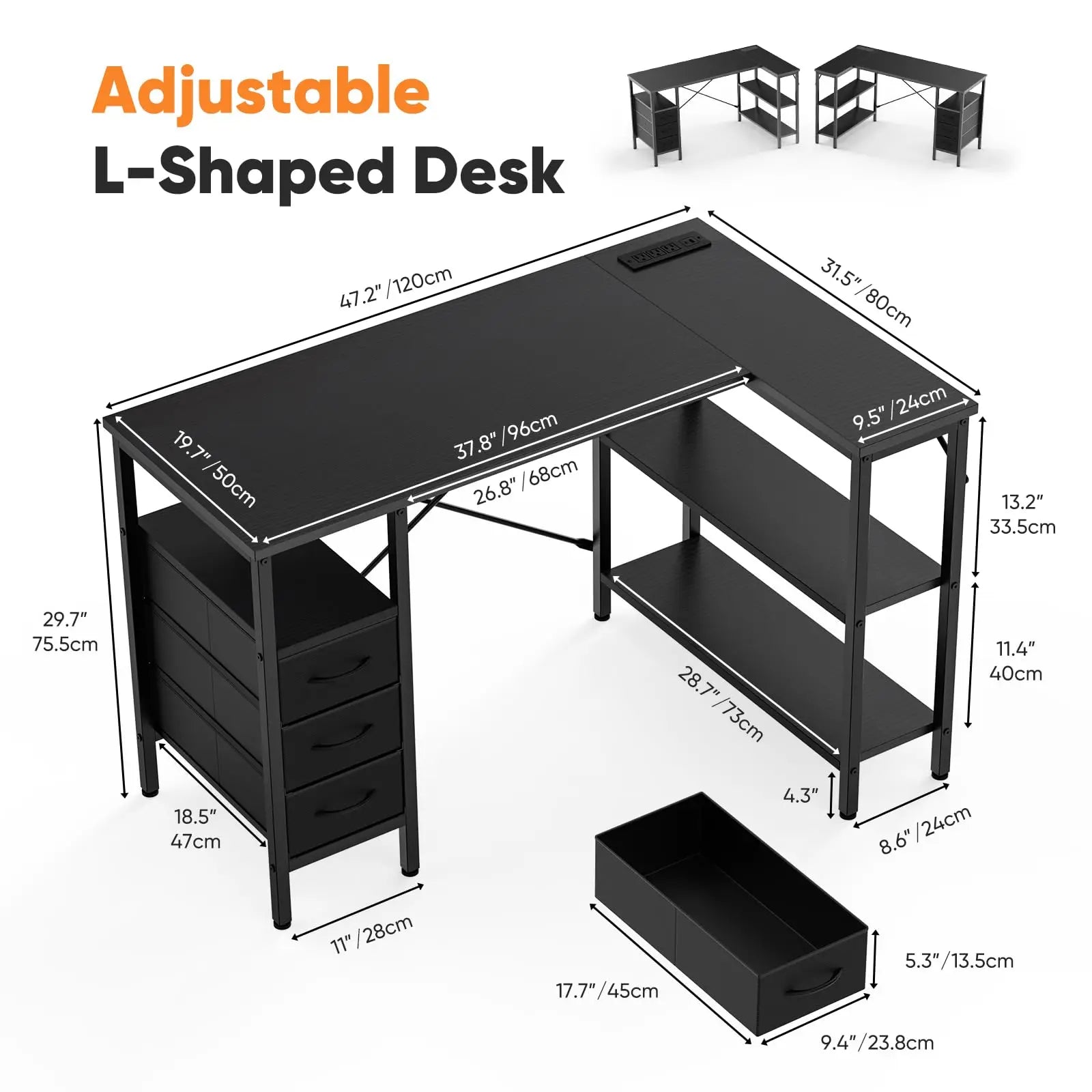 JHK L Shaped Desk with Shelf Drawers 55 Inch Corner Computer Desks Gaming with Power Outlet Adjustable Shelves Home Office Table